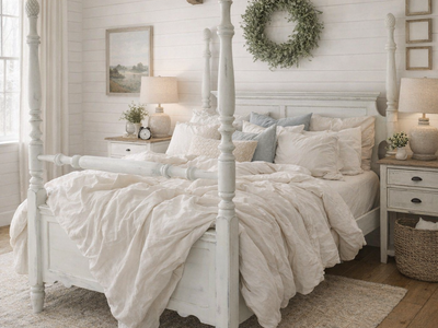 Parisian 4 Poster Queen Bed Frame Cottagecore Shabby Chic White French Country Farmhouse