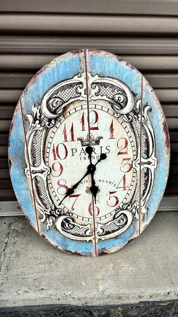 Distressed Parisian Farmhouse Wall Clock - Large Rustic Blue & White Wood Decor