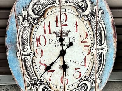 Distressed Parisian Farmhouse Wall Clock - Large Rustic Blue & White Wood Decor