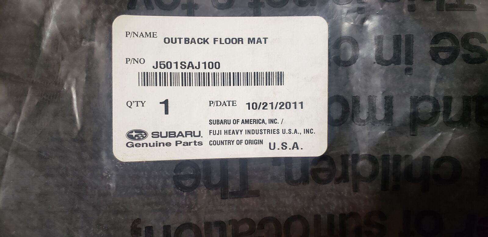 Subaru 2010-2014 Outback Carpeted Floor Mats - Complete Set, P/N: J501SAJ100 - New