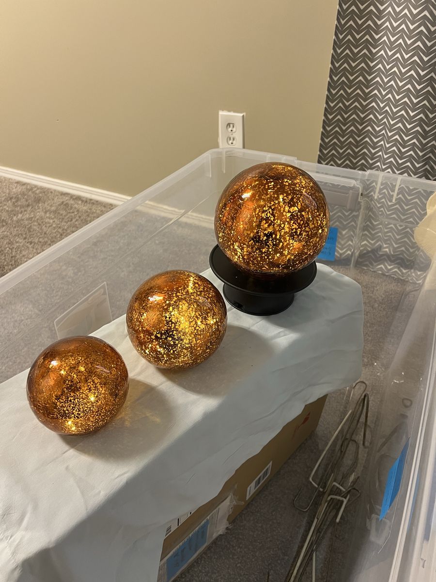 Set of 3 Amber Mercury Glass Lighted Spheres - Decorative Orbs Fall Decor