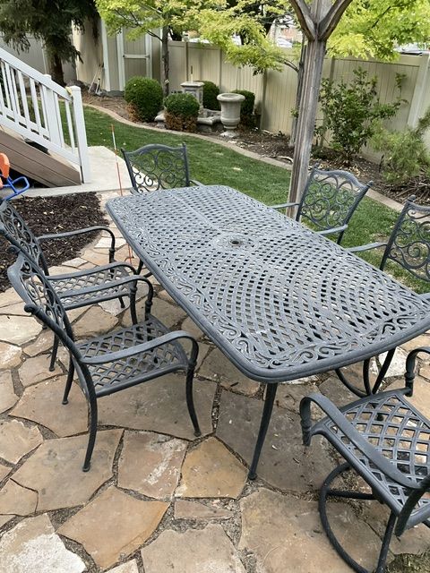 Cast Aluminum Patio Dining Set - Rectangle Table & 6 Chairs (4 Standard, 2 Swivel)