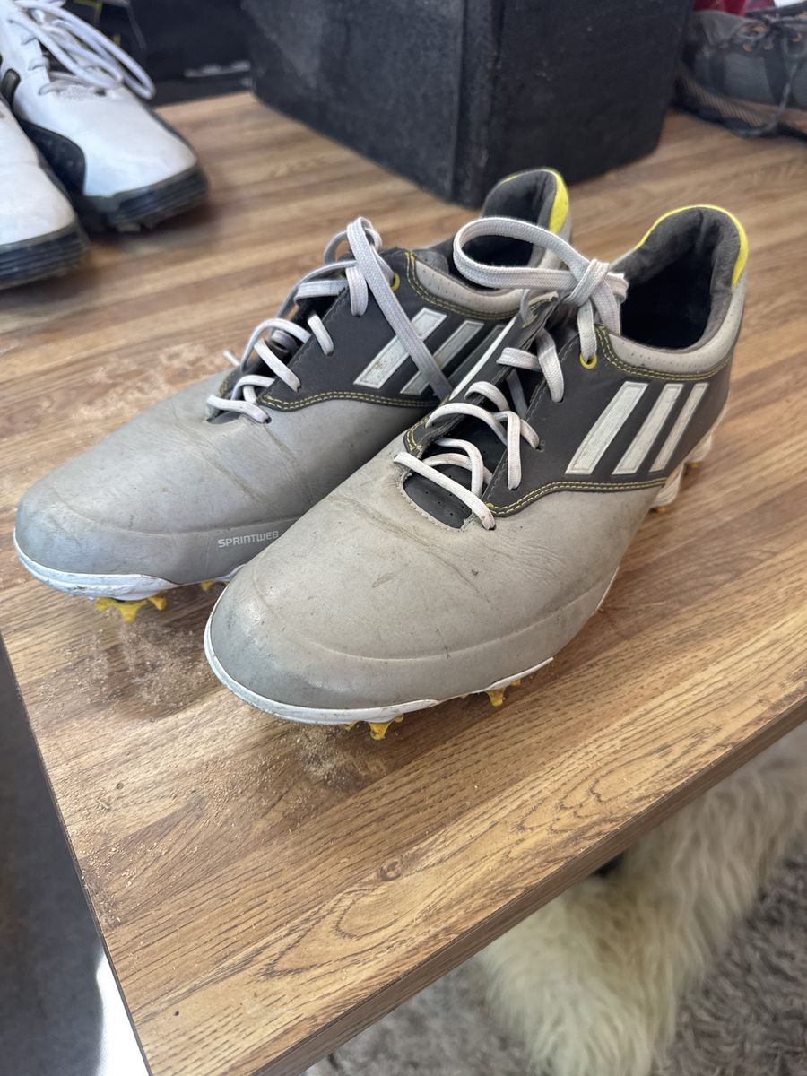 Adidas Sprintweb Golf Shoes - Men's US 9.5 - Grey & White with Yellow Accents - Good Condition