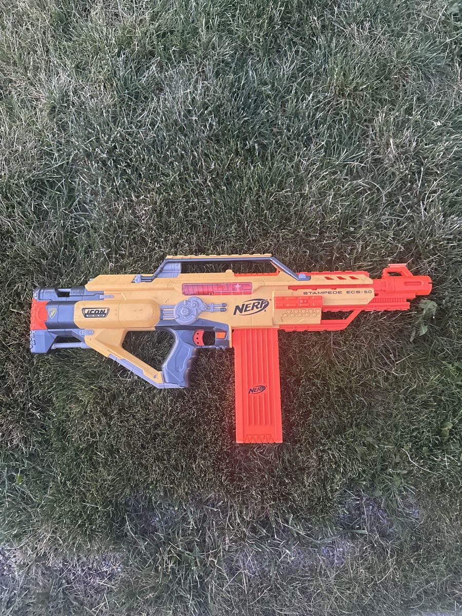 NERF Stampede ECS-50 Blaster - Tan & Orange, Excellent Condition Toy Foam Dart Gun