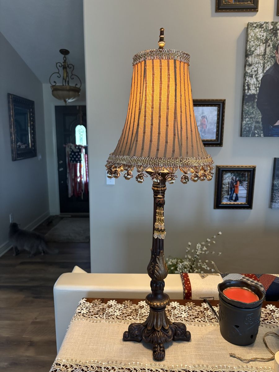 Elegant Bronze & Gold Table Lamps with Bell Shade and Beaded Trim