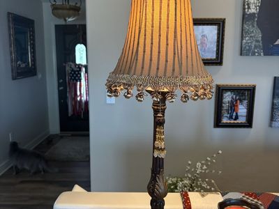 Elegant Bronze & Gold Table Lamps with Bell Shade and Beaded Trim