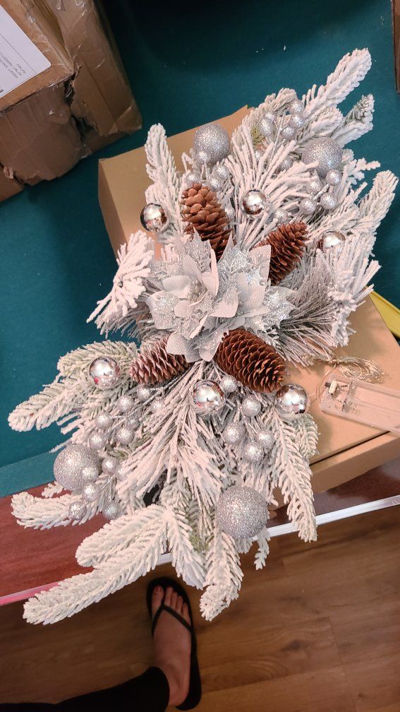 3 different  Flocked Christmas Swags with Pinecones & Ornaments - Gold, Silver, Red Decor