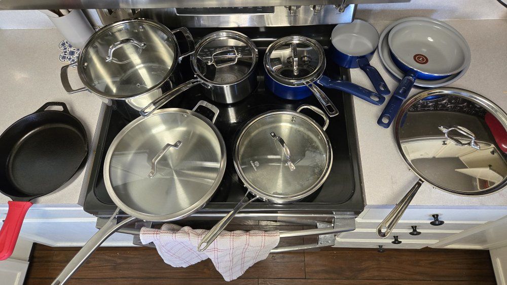 3 Ply Stainless Steel Assorted Cookware, Blue Non-Stick, Cast Iron Skillet & Lids