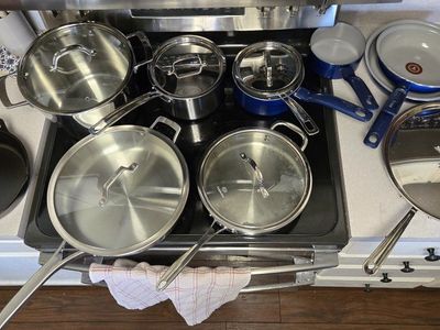 3 Ply Stainless Steel Assorted Cookware, Blue Non-Stick, Cast Iron Skillet & Lids
