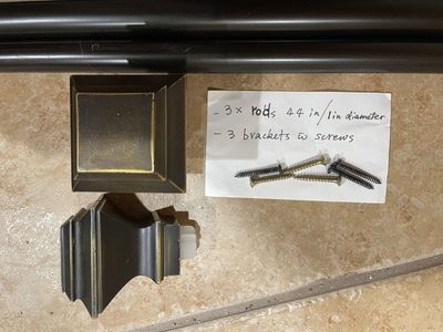 1” Black/Brown Metal Curtain Rods adjustable 88”-120”-Finials, Brackets & Screws