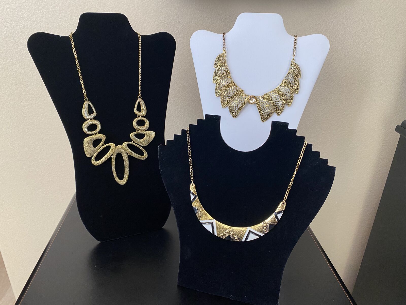 NEW - Gorgeous Gold Statement Necklaces - One Is Long The Other Two Are Collar Length - See Photos