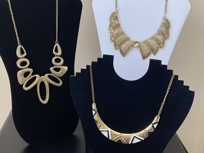 NEW - Gorgeous Gold Statement Necklaces - One Is Long The Other Two Are Collar Length - See Photos
