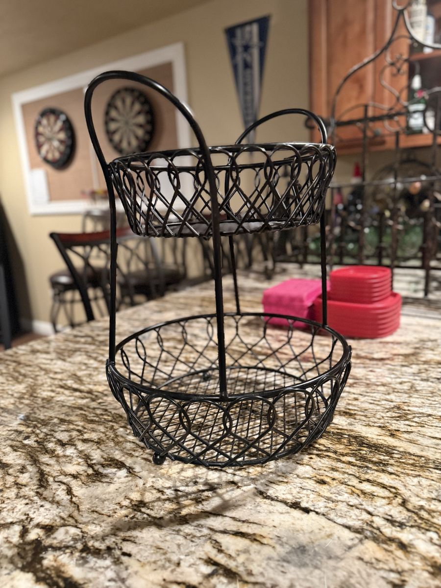 2-Tier Black Metal Wire Fruit Basket Stand - Countertop Organizer