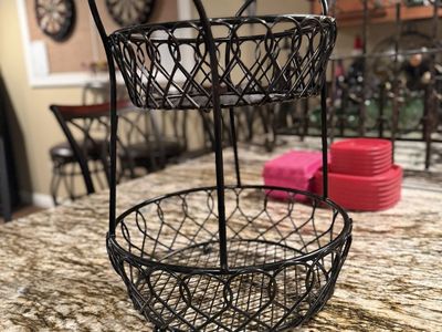 2-Tier Black Metal Wire Fruit Basket Stand - Countertop Organizer
