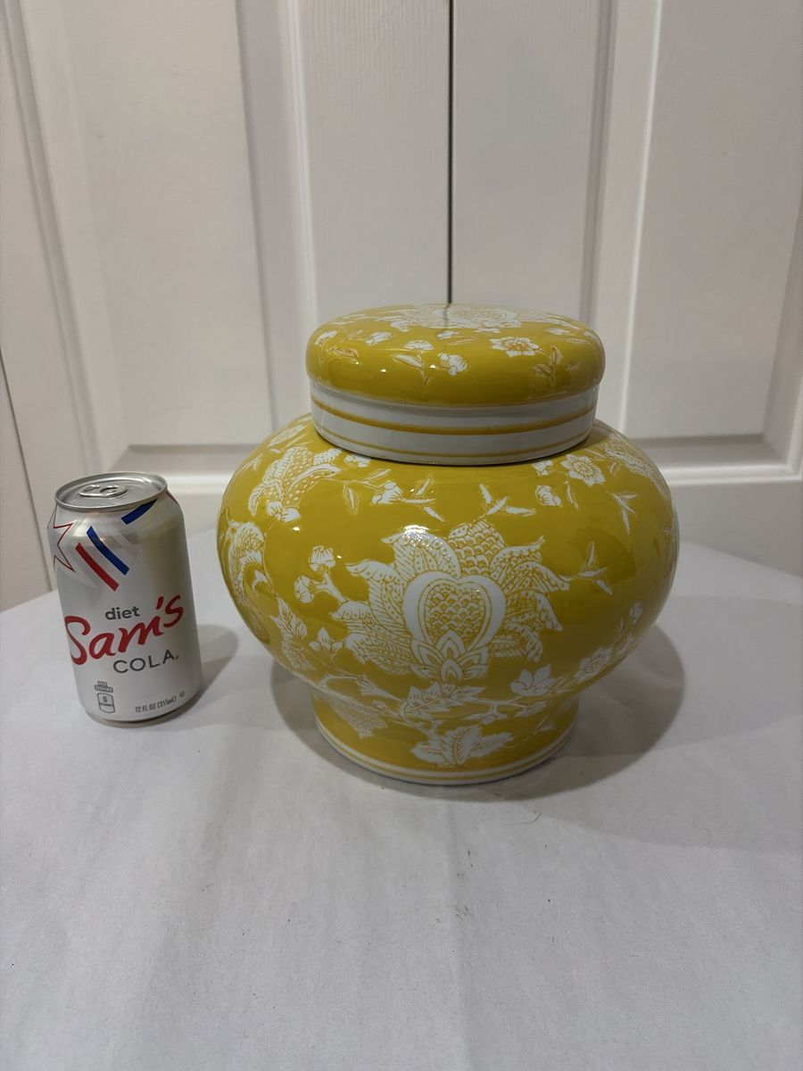 Three Hands Home Accessories Yellow White Floral Ceramic Lidded Ginger Jar
