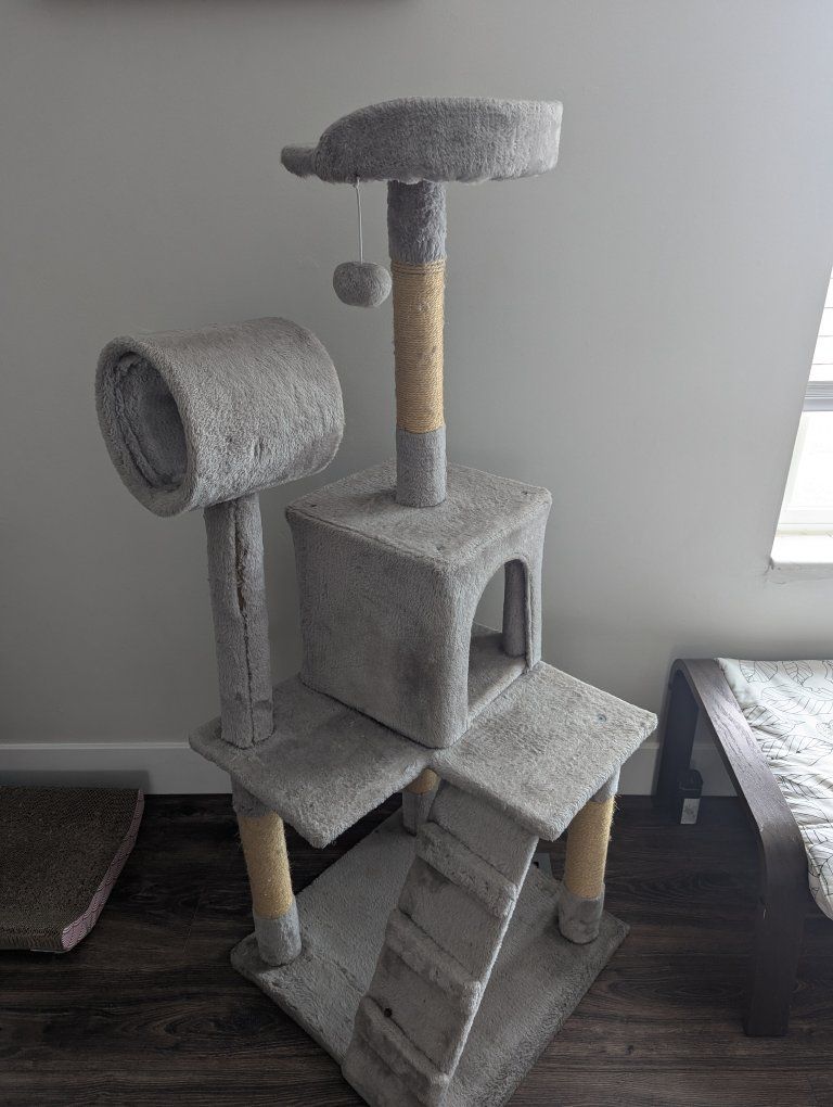 Multi-Level Cat Tree Tower - Grey Carpeted, Scratching Posts & Condo for Play & Rest