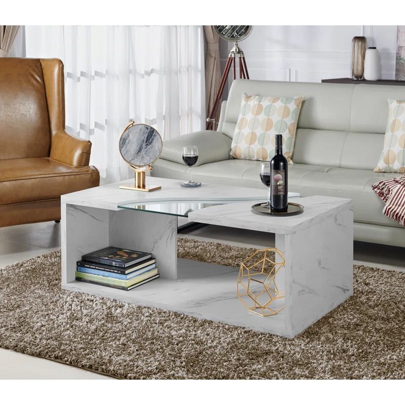 Modern Faux Marble Coffee Table with Tempered Glass Top