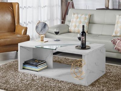 Modern Faux Marble Coffee Table with Tempered Glass Top