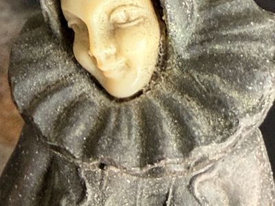 Vintage Patina Bronze & Carved Face Figurine on Marble Base - Unique Art Piece