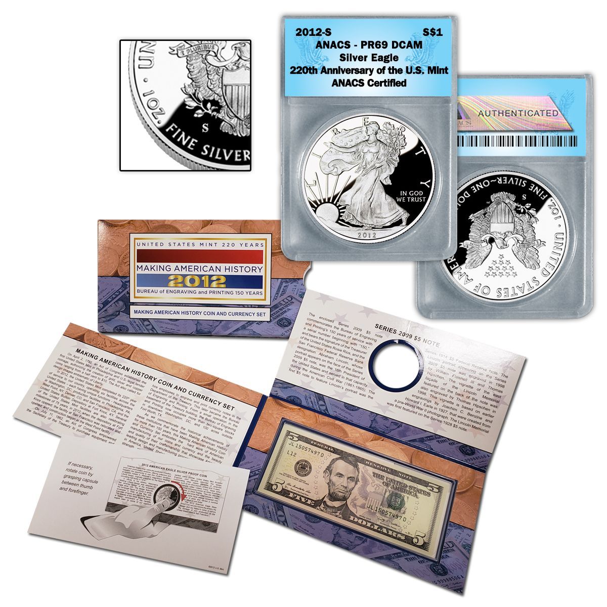 2012 US Mint Making American History Coin & Currency Set - 2012 Silver Eagle & Series 2009 $5 Note