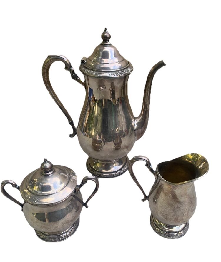 Vintage Coffee Pot w/ Creamer-Sugar Bowl Silver