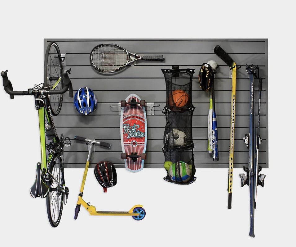 Light grey slatwall utility wall storage