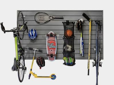 Light grey slatwall utility wall storage