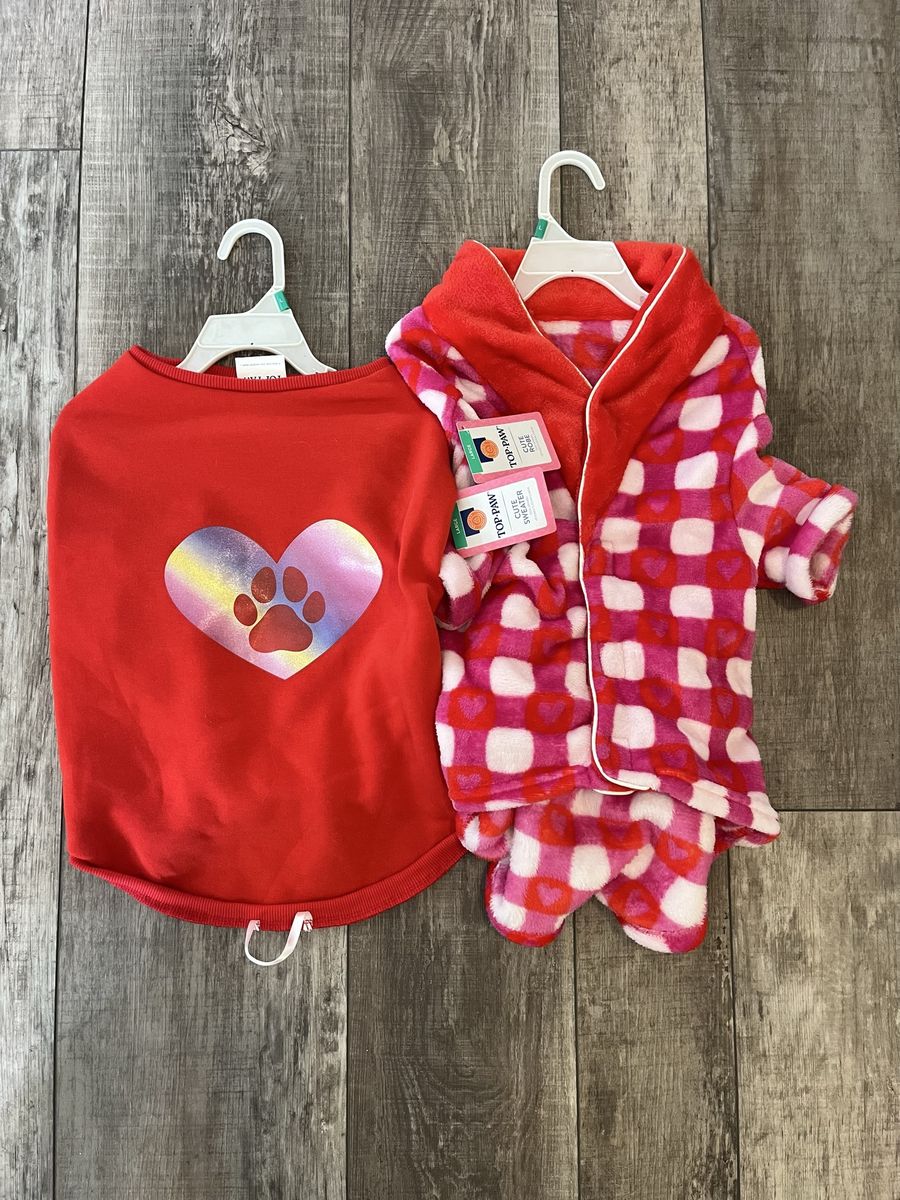 Dog Apparel Set Size Large - Red Heart Sweater & Plaid Robe