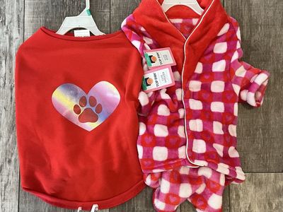 Dog Apparel Set Size Large - Red Heart Sweater & Plaid Robe