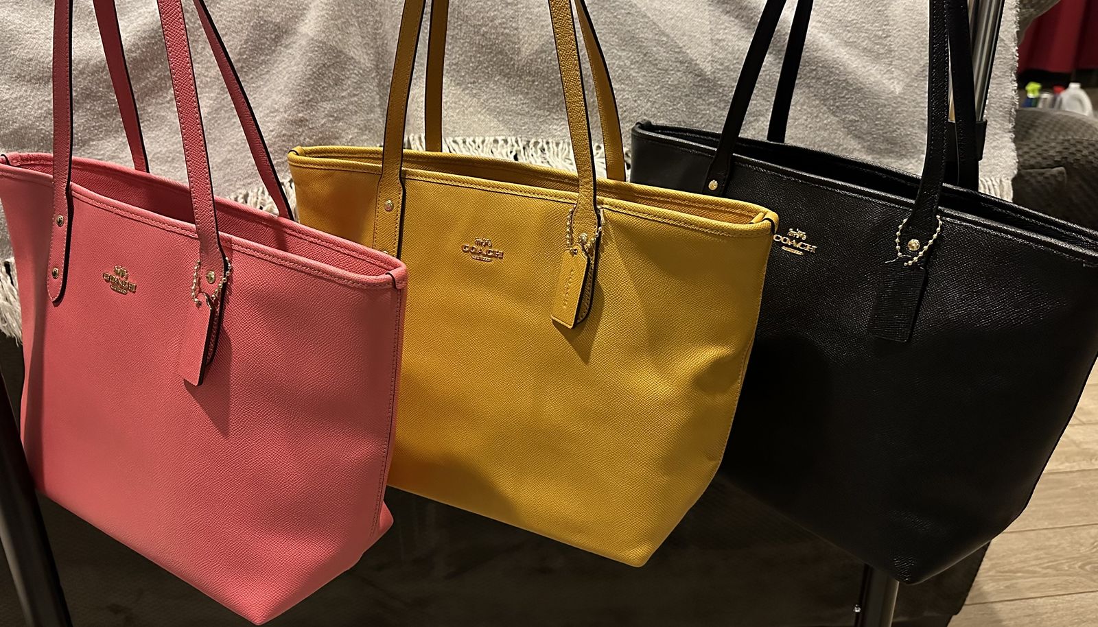 Coach Gallery Pink, Yellow, Black Pebble Leather Zip Top Tote Bag with Gold Tone Hardware