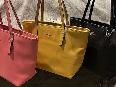 Coach Gallery Pink, Yellow, Black Pebble Leather Zip Top Tote Bag with Gold Tone Hardware