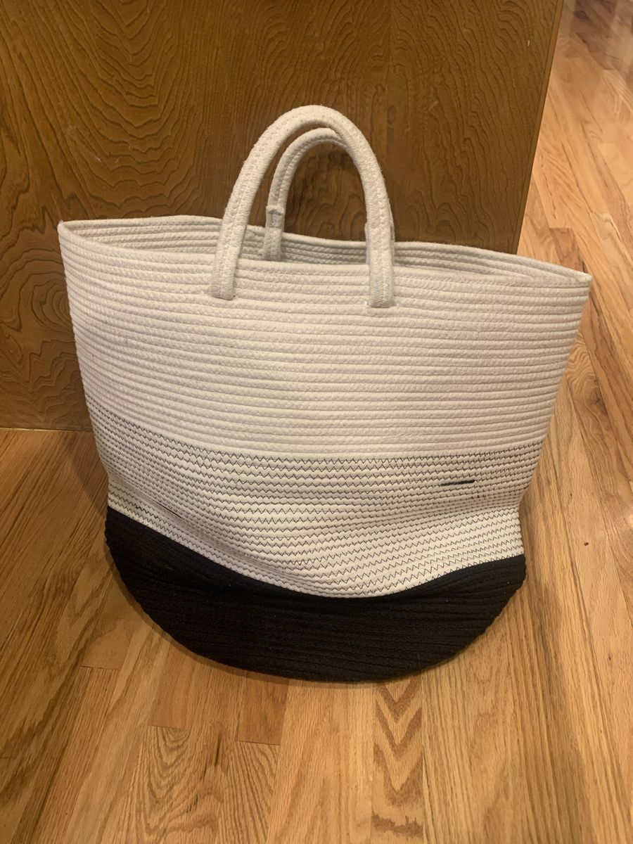 Large Woven Rope Storage Basket - White & Black Handles, Cotton Blend, Multi-purpose