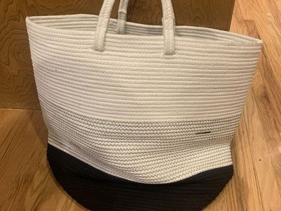 Large Woven Rope Storage Basket - White & Black Handles, Cotton Blend, Multi-purpose