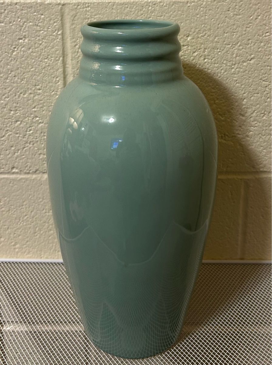 Ceramic Glazed Teal Green Decorative Vase with Ribbed Neck, Modern Home Decor Cash Only Please