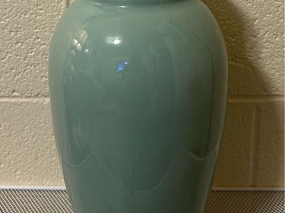 Ceramic Glazed Teal Green Decorative Vase with Ribbed Neck, Modern Home Decor Cash Only Please