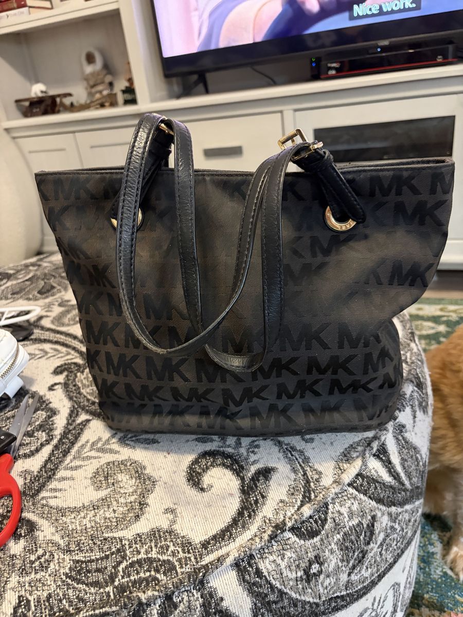 Michael Kors Black MK Monogram Canvas & Leather Trim Tote Bag Shoulder Handbag