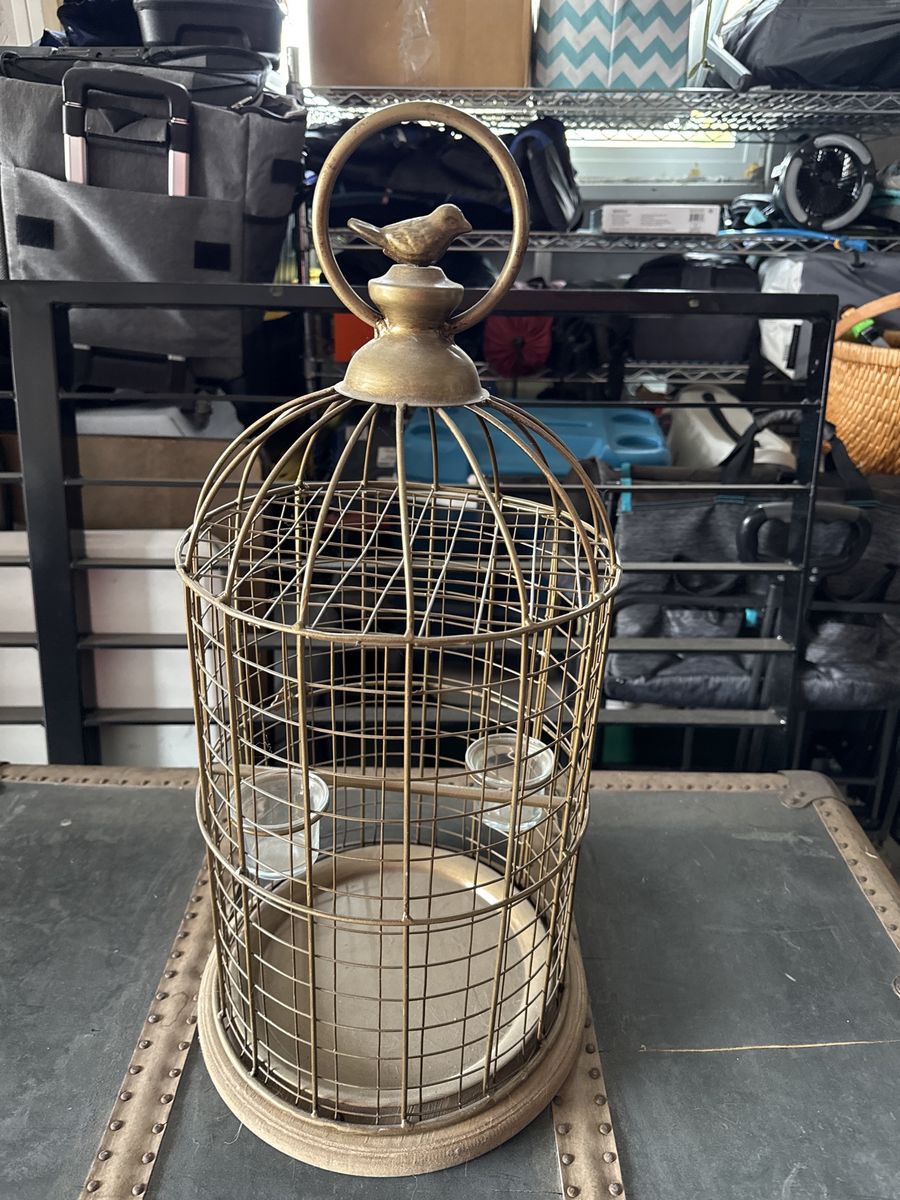 Decorative Bird Cage Candle Holder - Rustic Gold Metal & Wood Base, 18" Tall