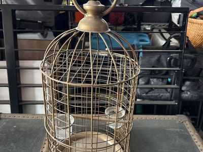 Decorative Bird Cage Candle Holder - Rustic Gold Metal & Wood Base, 18" Tall