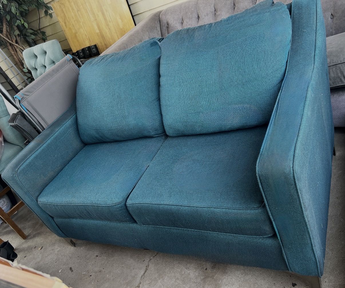Teal Fabric Loveseat Sofa - Compact 2-Seater, Mid-Century Modern Style, Good Condition