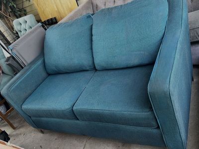 Teal Fabric Loveseat Sofa - Compact 2-Seater, Mid-Century Modern Style, Good Condition