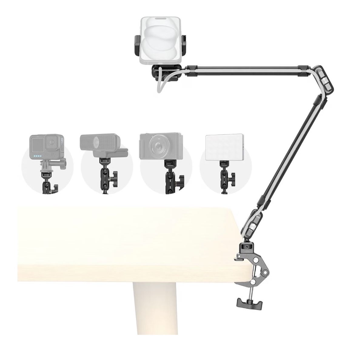 Adjustable Desk Mount Overhead Arm Stand with Phone Holder & Cable Organizer