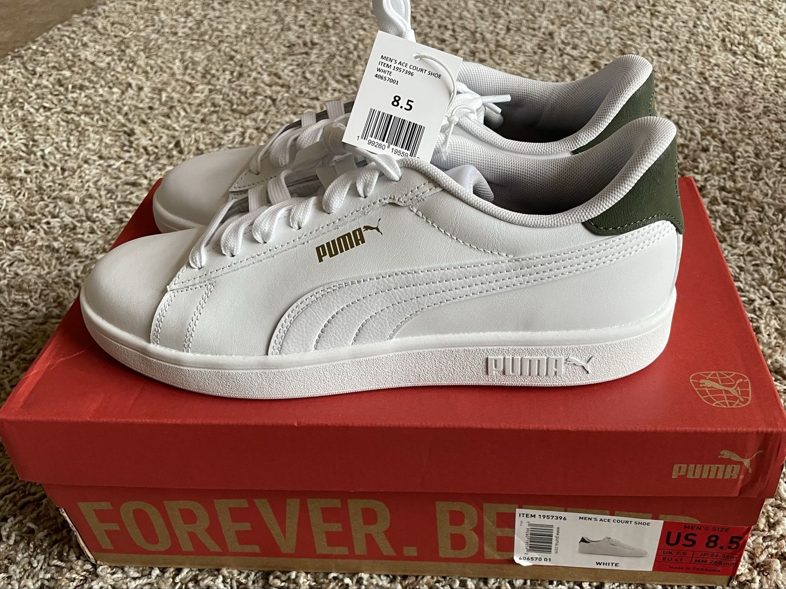 Puma Men's Ace Court Shoes White/Olive Green Size 8.5 US - New with Box