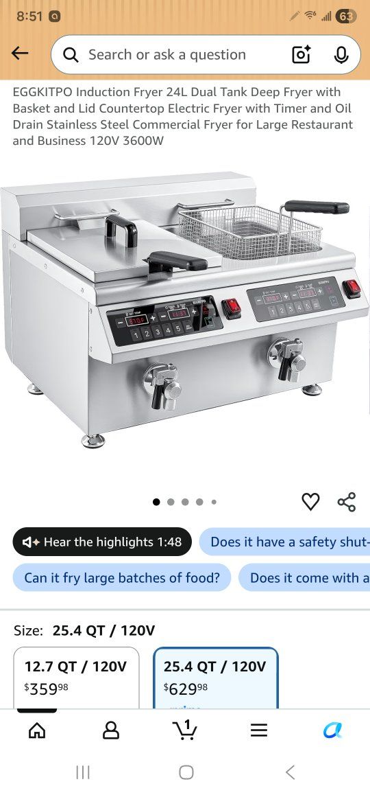 EGGKITPO 24L Commercial Induction Dual Tank Deep Fryer Countertop Electric 120V 3600W