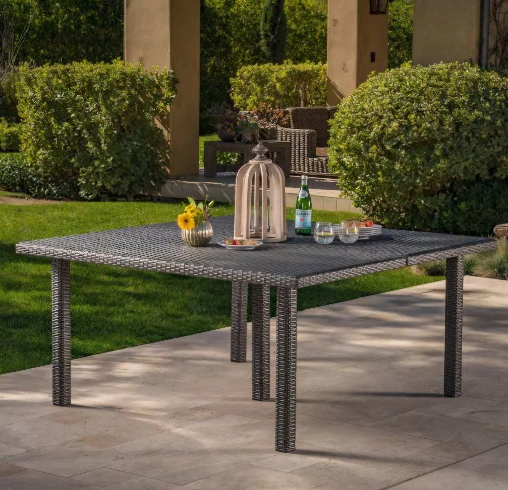 GDFStudio Fiona 64" Outdoor Square Wicker Weave Dining Table with Iron Frame, Gray