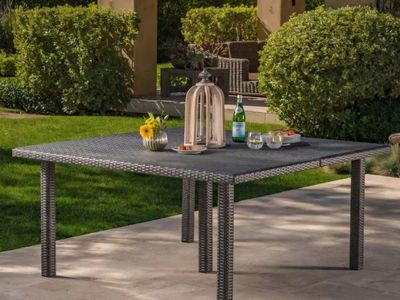 GDFStudio Fiona 64" Outdoor Square Wicker Weave Dining Table with Iron Frame, Gray