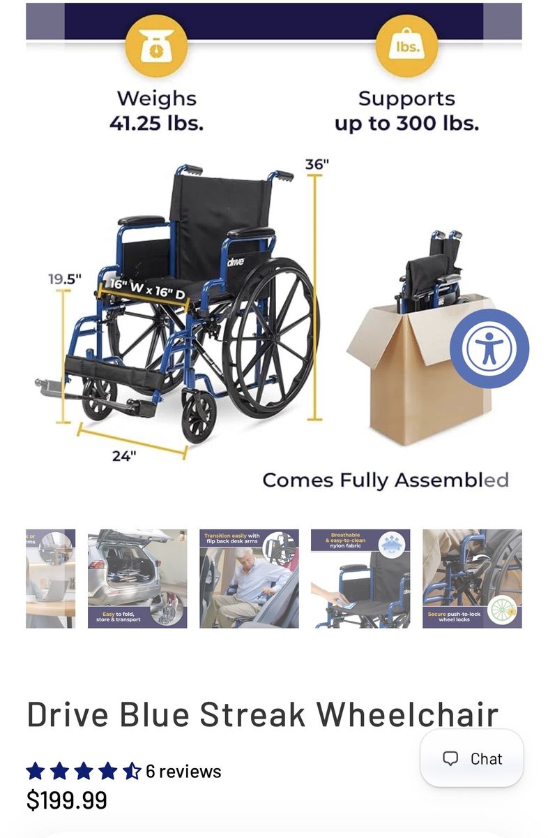Brand New Drive Blue Streak Transport Chair - Folding Desk Arm Support Seat, 300lb Capacity