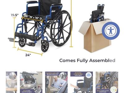 Brand New Drive Blue Streak Transport Chair - Folding Desk Arm Support Seat, 300lb Capacity