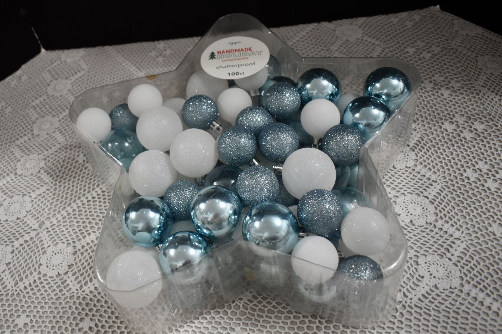 Large Container With 100 Count Handmade Holiday Christmas Shatterproof Ornaments In Sky Blue And White