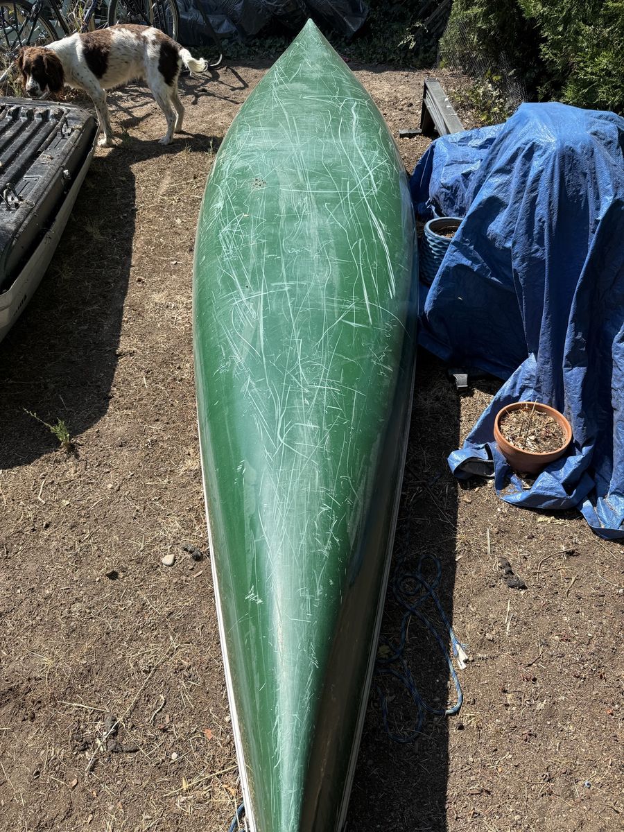 16ft Green Fiberglass Tandem Canoe with Webbed Seats