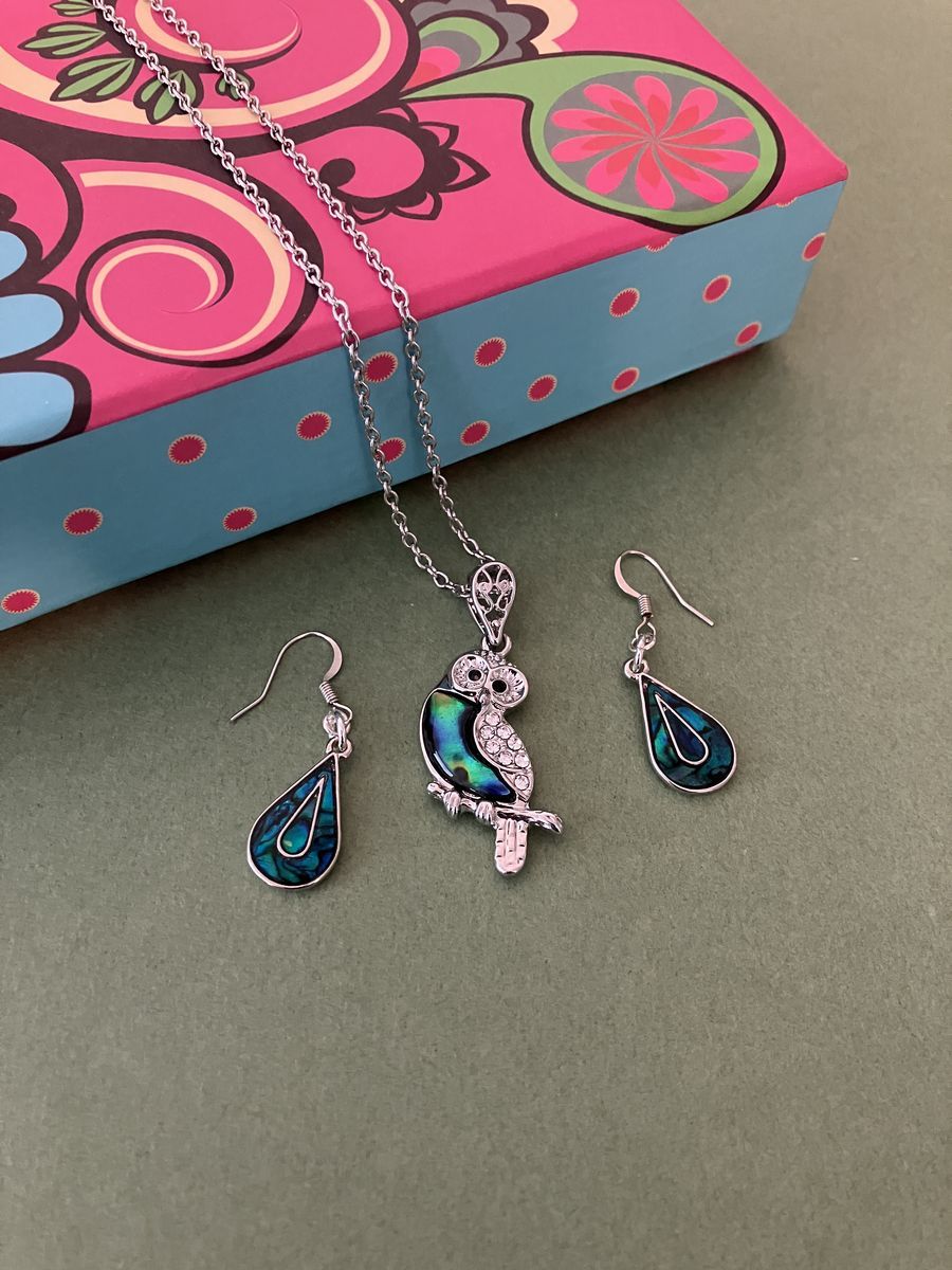 Teal Green Owl Pendant Necklace and Dangle Earrings